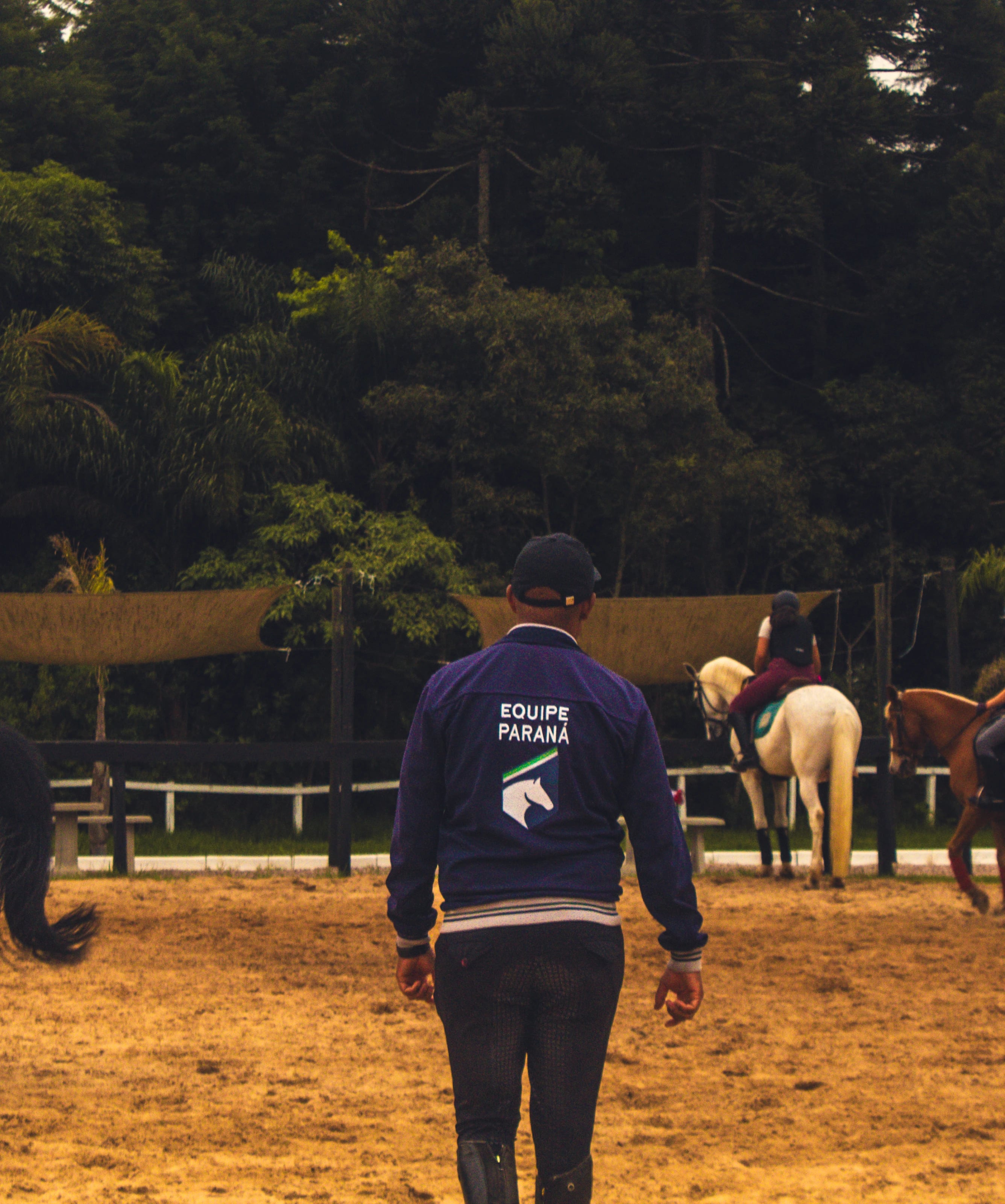 Treino numa pista de hípica em piso de areia cercada por árvores. Em primeiro plano, um homem caminha de costas com casaco azul onde se lê "EQUIPE PARANÁ". Ao fundo, três praticantes com capacetes montam cavalos castanhos e um branco.