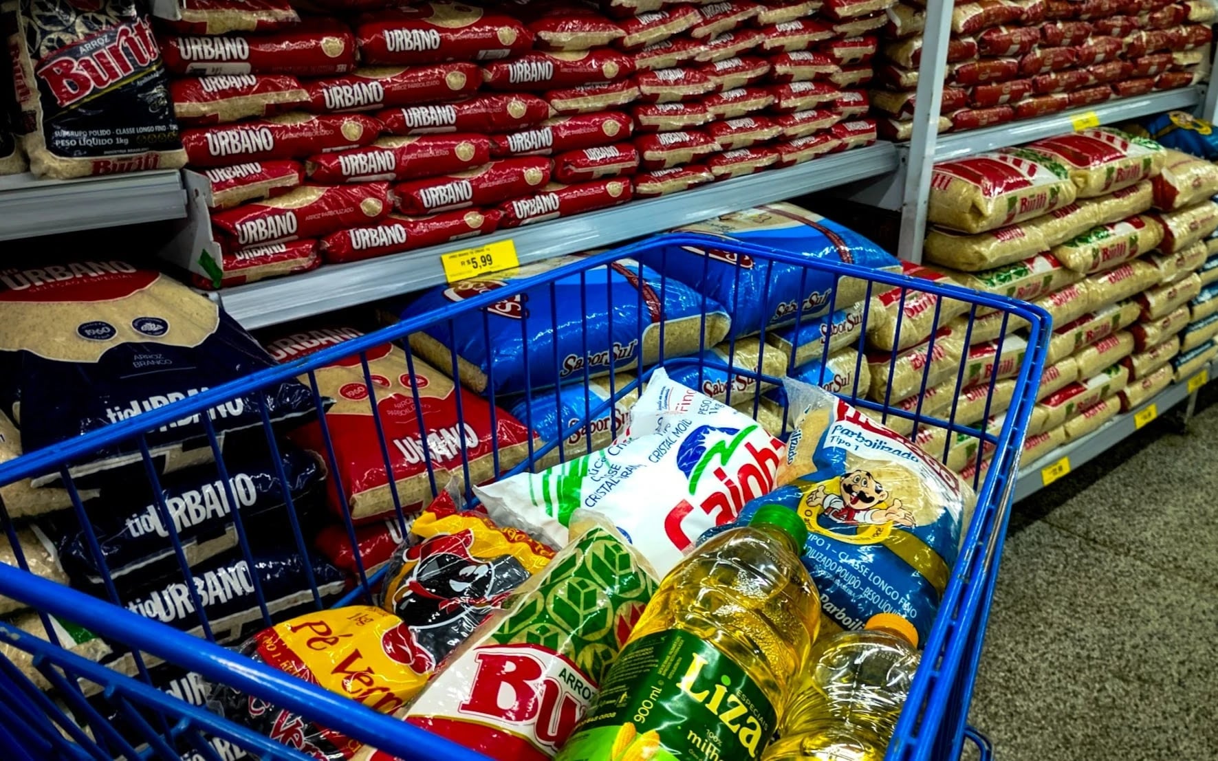 A imagem mostra a visão de dentro de um carrinho de compras de supermercado, que está cheio de mantimentos. O carrinho é feito de uma grade de metal pintada de azul vivo.